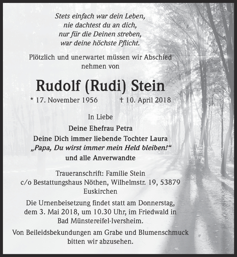  Traueranzeige für Rudolf Stein vom 28.04.2018 aus  Blickpunkt Euskirchen 