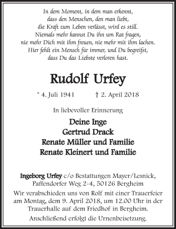Anzeige von Rudolf Urfey von  Sonntags-Post 