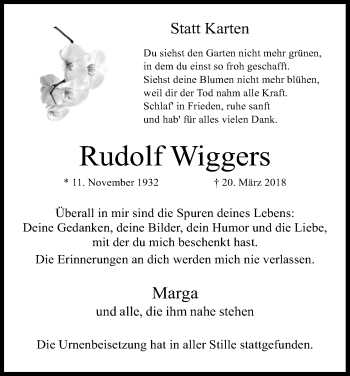 Anzeige von Rudolf Wiggers von Kölner Stadt-Anzeiger / Kölnische Rundschau / Express