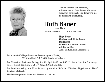 Anzeige von Ruth Bauer von Kölner Stadt-Anzeiger / Kölnische Rundschau / Express