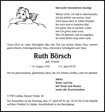 Anzeige von Ruth Börsch von Kölner Stadt-Anzeiger / Kölnische Rundschau / Express