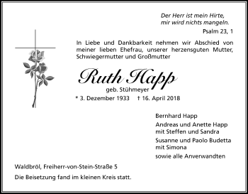 Anzeige von Ruth Happ von Kölner Stadt-Anzeiger / Kölnische Rundschau / Express