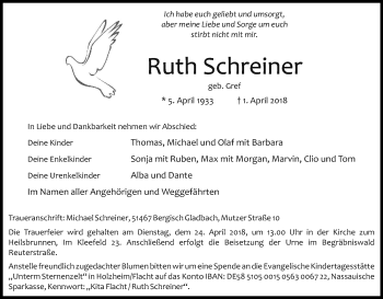 Anzeige von Ruth Schreiner von Kölner Stadt-Anzeiger / Kölnische Rundschau / Express