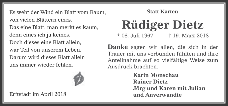 Traueranzeige für Rüdiger Dietz vom 25.04.2018 aus  Werbepost 