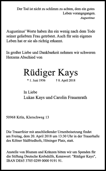 Anzeige von Rüdiger Kays von Kölner Stadt-Anzeiger / Kölnische Rundschau / Express