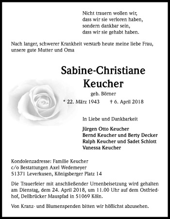 Anzeige von Sabine-Christiane Keucher von Kölner Stadt-Anzeiger / Kölnische Rundschau / Express