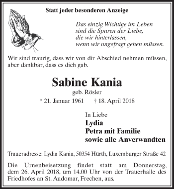 Anzeige von Sabine Kania von  Sonntags-Post 