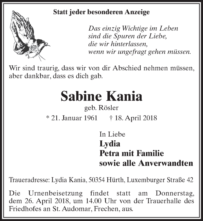  Traueranzeige für Sabine Kania vom 21.04.2018 aus  Sonntags-Post 