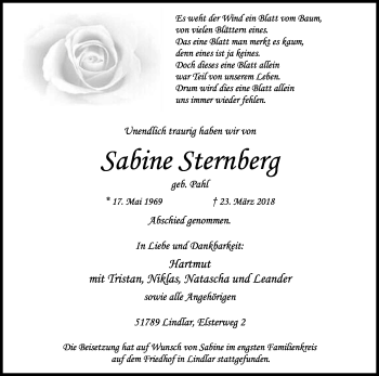 Anzeige von Sabine Sternberg von Kölner Stadt-Anzeiger / Kölnische Rundschau / Express