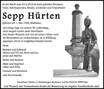 Anzeige von Sepp Hürten von Kölner Stadt-Anzeiger / Kölnische Rundschau / Express