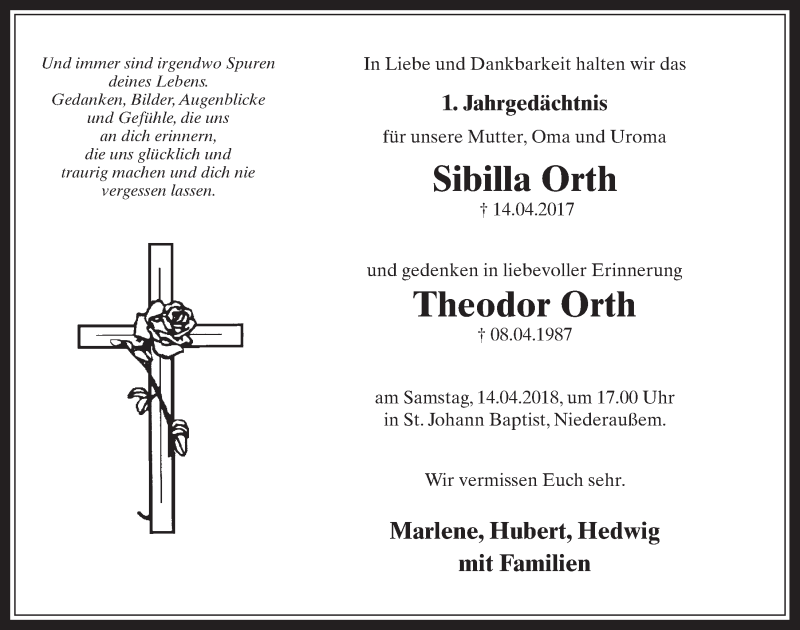  Traueranzeige für Sibilla Orth vom 11.04.2018 aus  Werbepost 