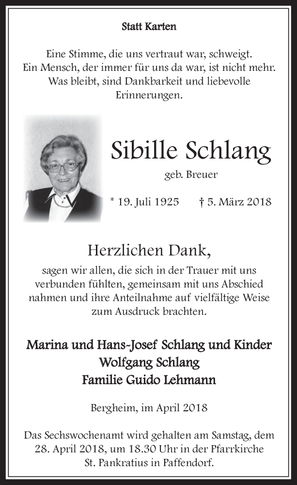  Traueranzeige für Sibille Schlang vom 25.04.2018 aus  Werbepost 