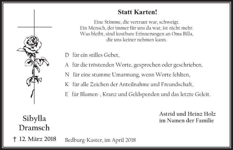  Traueranzeige für Sibylla Dramsch vom 18.04.2018 aus  Werbepost 