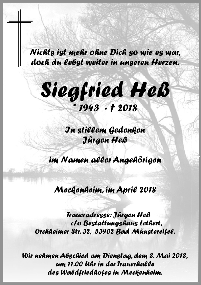  Traueranzeige für Siegfried Heß vom 28.04.2018 aus  Schaufenster/Blickpunkt am Wochenende 