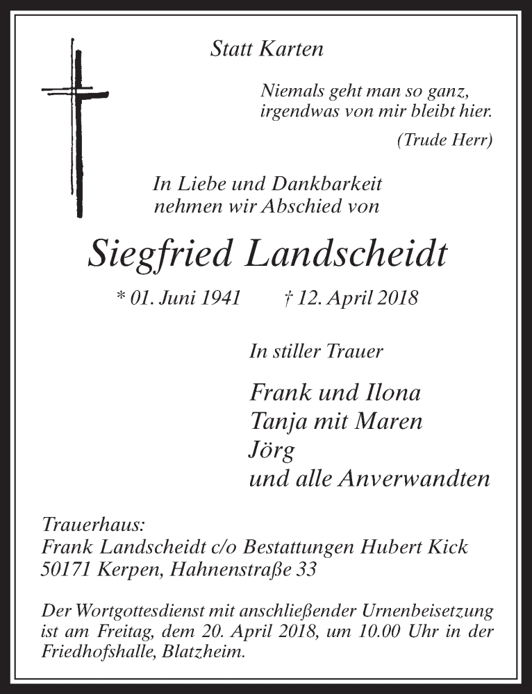  Traueranzeige für Siegfried Landscheidt vom 18.04.2018 aus  Werbepost 