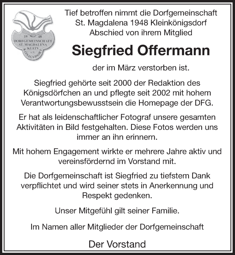  Traueranzeige für Siegfried Offermann vom 07.04.2018 aus  Sonntags-Post 