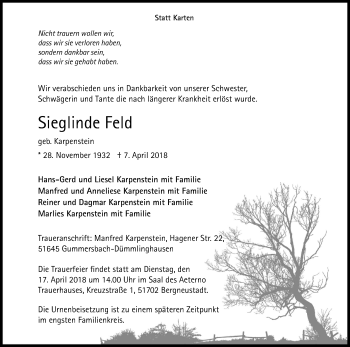 Anzeige von Sieglinde Feld von Kölner Stadt-Anzeiger / Kölnische Rundschau / Express