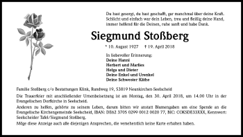 Anzeige von Siegmund Stoßberg von Kölner Stadt-Anzeiger / Kölnische Rundschau / Express