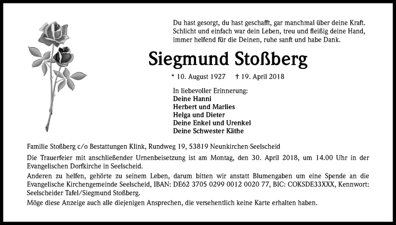  Traueranzeige für Siegmund Stoßberg vom 21.04.2018 aus Kölner Stadt-Anzeiger / Kölnische Rundschau / Express