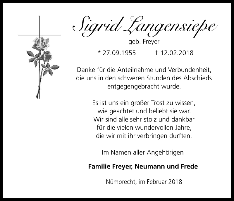  Traueranzeige für Sigrid Langensiepe vom 28.04.2018 aus Kölner Stadt-Anzeiger / Kölnische Rundschau / Express