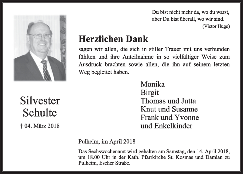 Traueranzeige für Silvester Schulte vom 07.04.2018 aus  Sonntags-Post 