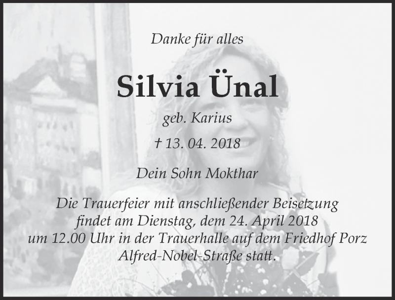 Traueranzeige für Silvia Ünal vom 18.04.2018 aus  Kölner Wochenspiegel 
