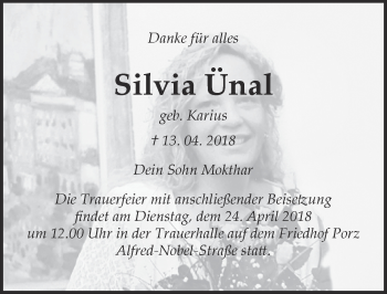 Anzeige von Silvia Ünal von  Kölner Wochenspiegel 