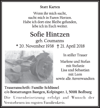 Anzeige von Sofia Hintzen von  Sonntags-Post 