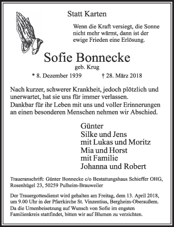 Anzeige von Sofie Bonnecke von  Sonntags-Post 