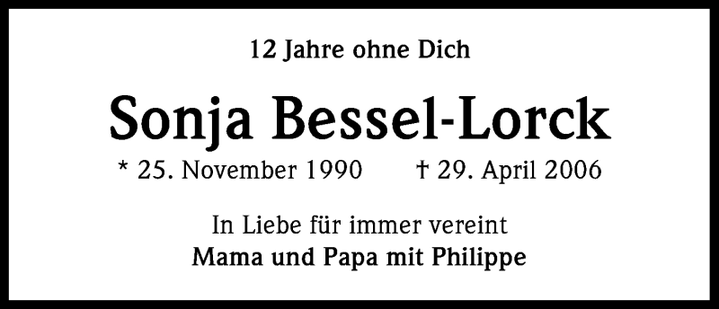  Traueranzeige für Sonja Bessel-Lorck vom 28.04.2018 aus Kölner Stadt-Anzeiger / Kölnische Rundschau / Express