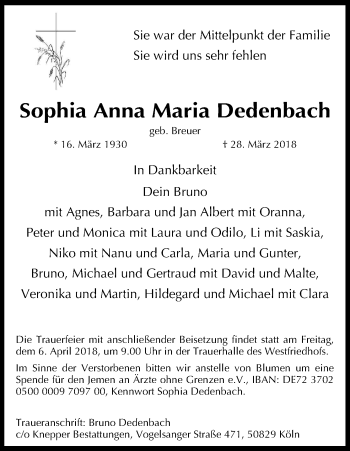 Anzeige von Sophia Anna Maria Dedenbach von Kölner Stadt-Anzeiger / Kölnische Rundschau / Express