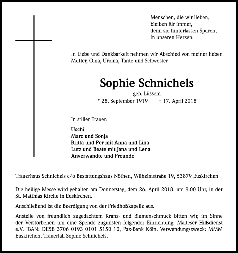  Traueranzeige für Sophie Schnichels vom 21.04.2018 aus Kölner Stadt-Anzeiger / Kölnische Rundschau / Express