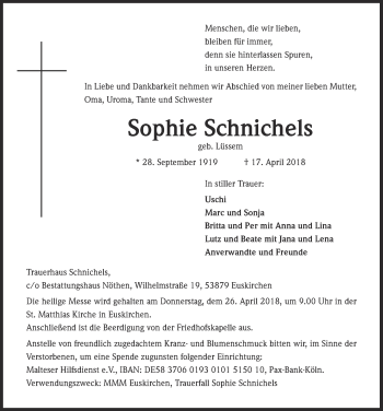 Anzeige von Sophie Schnichels von  Blickpunkt Euskirchen 