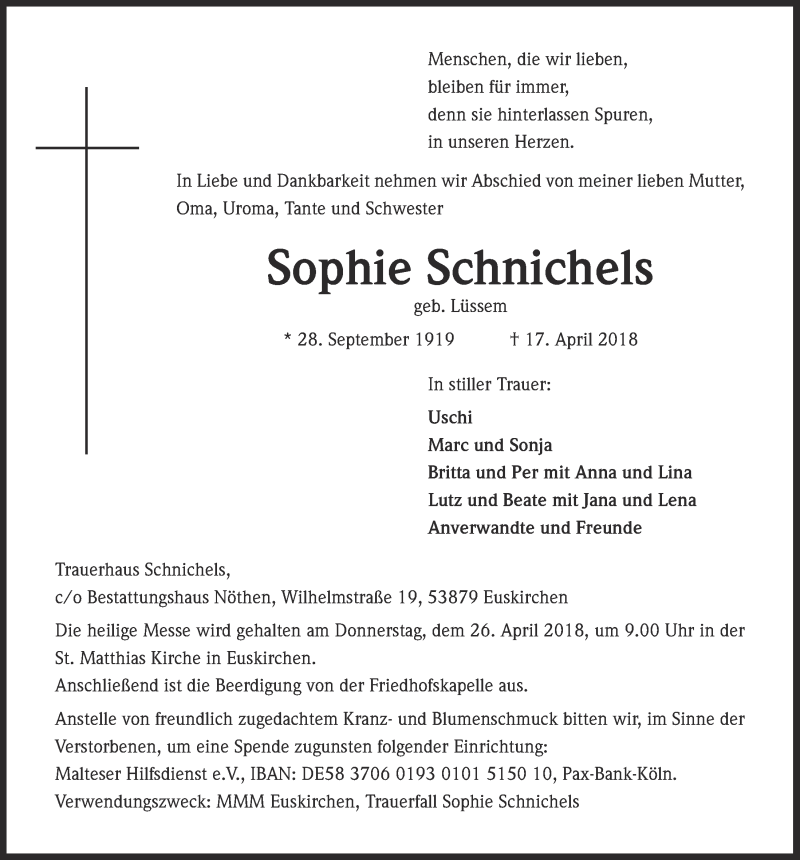  Traueranzeige für Sophie Schnichels vom 21.04.2018 aus  Blickpunkt Euskirchen 
