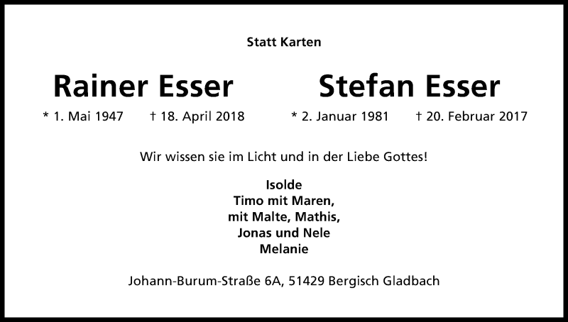  Traueranzeige für Stefan Esser vom 21.04.2018 aus Kölner Stadt-Anzeiger / Kölnische Rundschau / Express