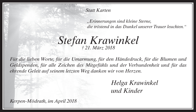  Traueranzeige für Stefan Krawinkel vom 11.04.2018 aus  Werbepost 