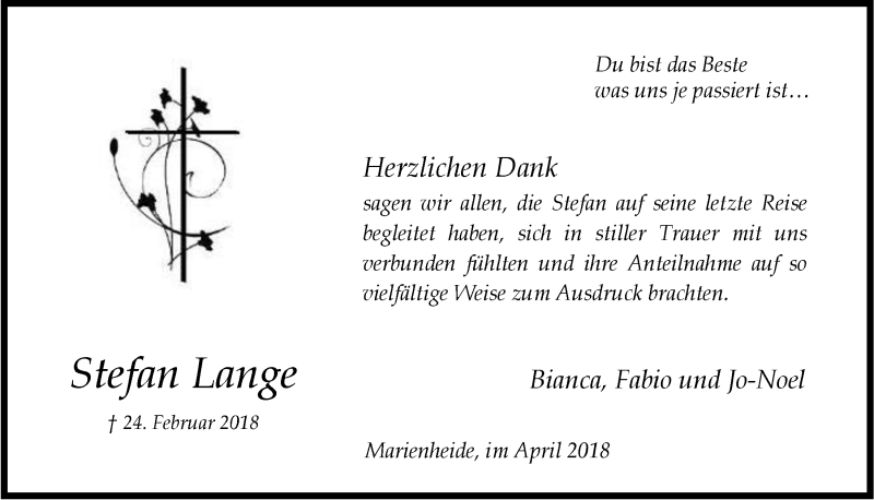  Traueranzeige für Stefan Lange vom 18.04.2018 aus  Anzeigen Echo 