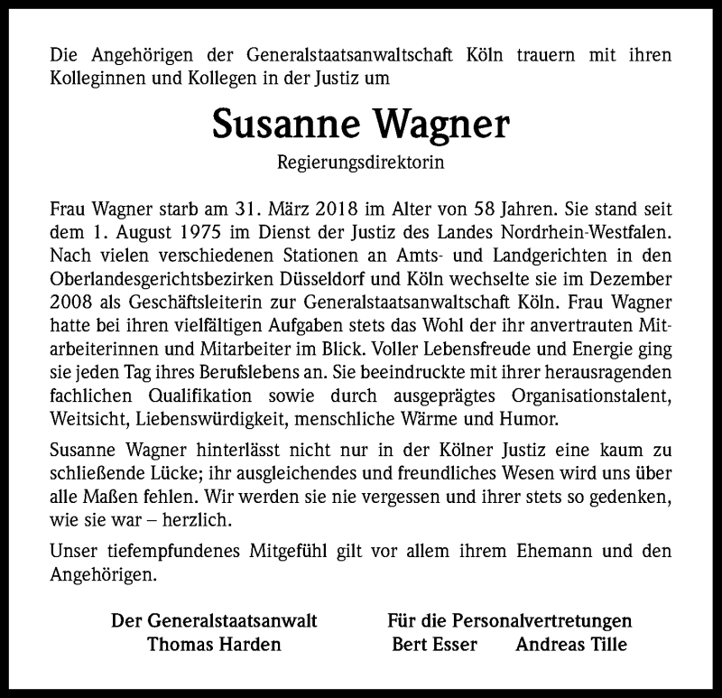  Traueranzeige für Susanne Wagner vom 07.04.2018 aus Kölner Stadt-Anzeiger / Kölnische Rundschau / Express