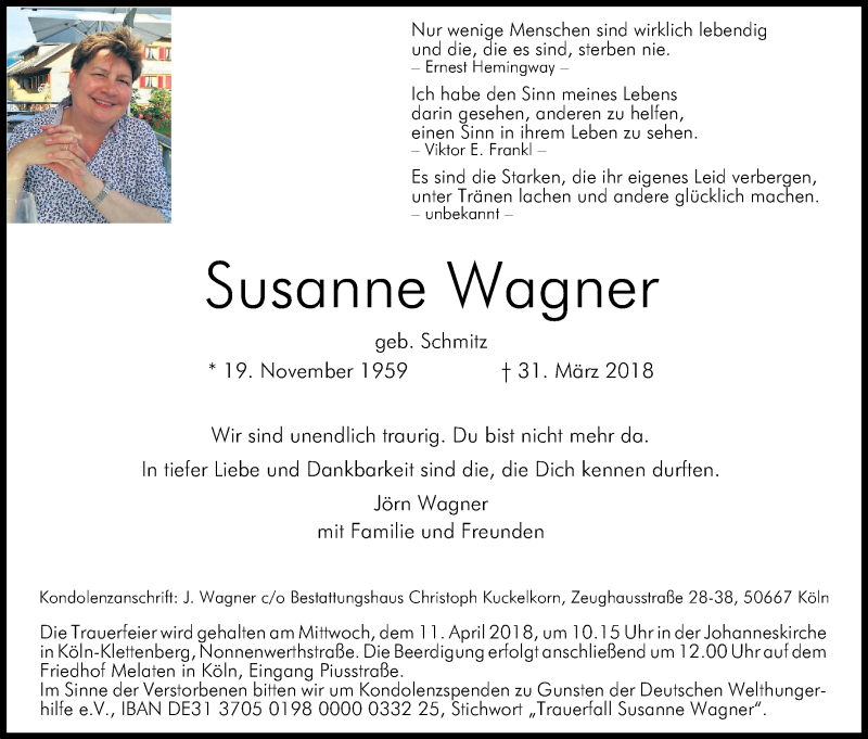  Traueranzeige für Susanne Wagner vom 07.04.2018 aus Kölner Stadt-Anzeiger / Kölnische Rundschau / Express