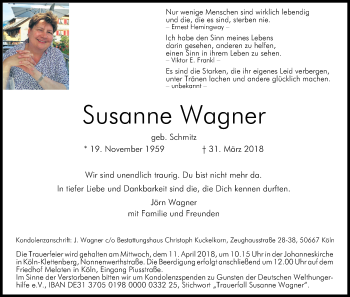 Anzeige von Susanne Wagner von Kölner Stadt-Anzeiger / Kölnische Rundschau / Express