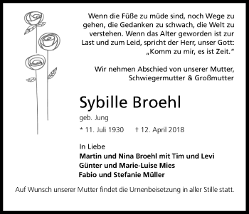 Anzeige von Sybille Broehl von Kölner Stadt-Anzeiger / Kölnische Rundschau / Express