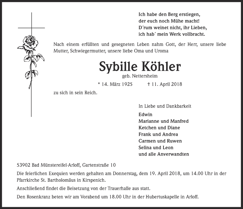  Traueranzeige für Sybille Köhler vom 14.04.2018 aus  Blickpunkt Euskirchen 