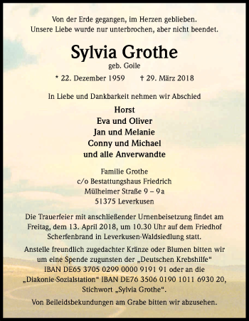 Anzeige von Sylvia Grothe von Kölner Stadt-Anzeiger / Kölnische Rundschau / Express