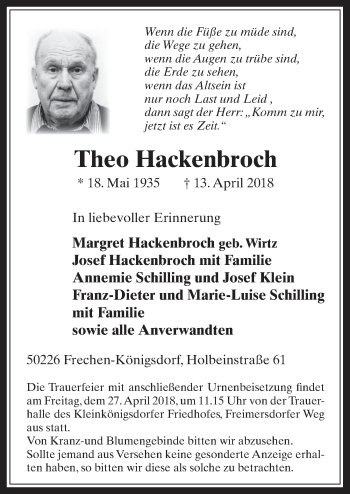 Anzeige von Theo Hackenbroch von  Wochenende 