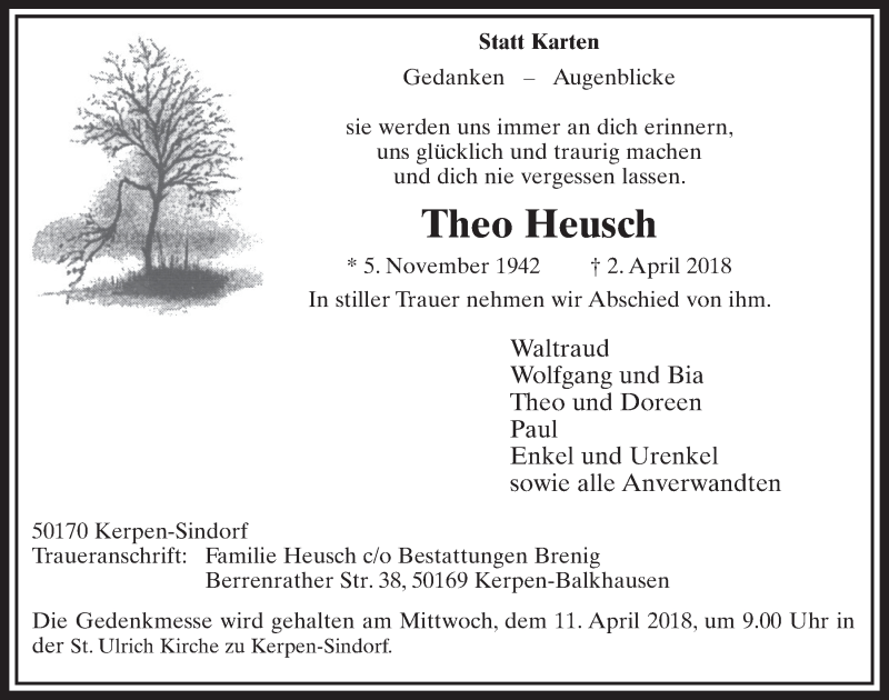  Traueranzeige für Theo Heusch vom 07.04.2018 aus  Sonntags-Post 