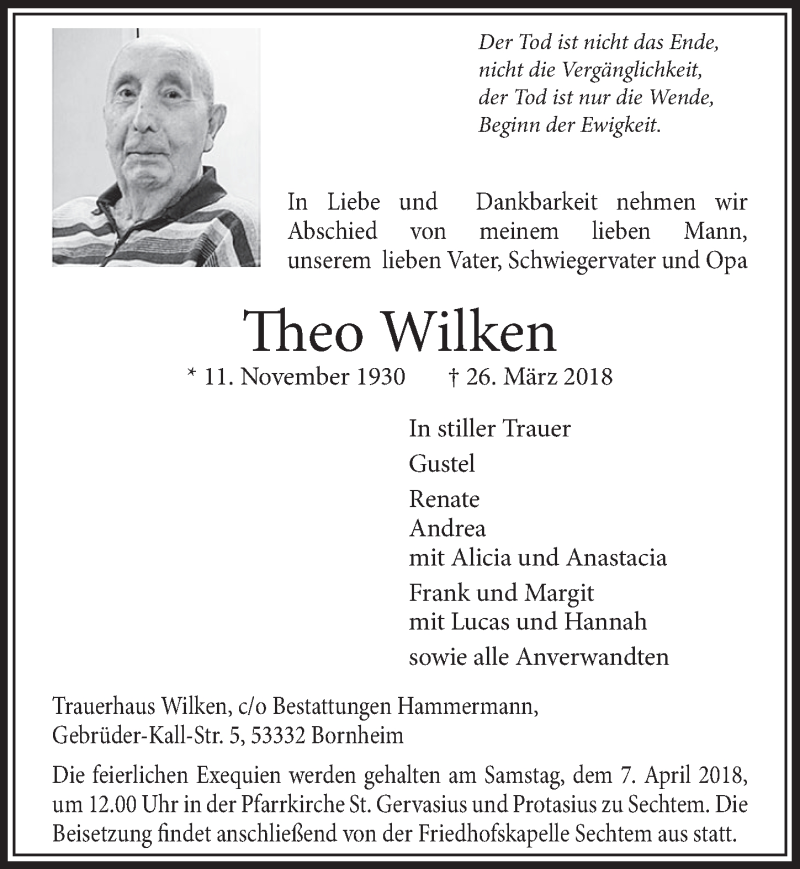  Traueranzeige für Theo Wilken vom 04.04.2018 aus  Schlossbote/Werbekurier 
