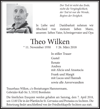 Anzeige von Theo Wilken von  Schlossbote/Werbekurier 