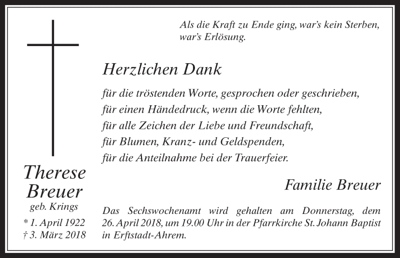 Traueranzeige für Therese Breuer vom 18.04.2018 aus  Werbepost 