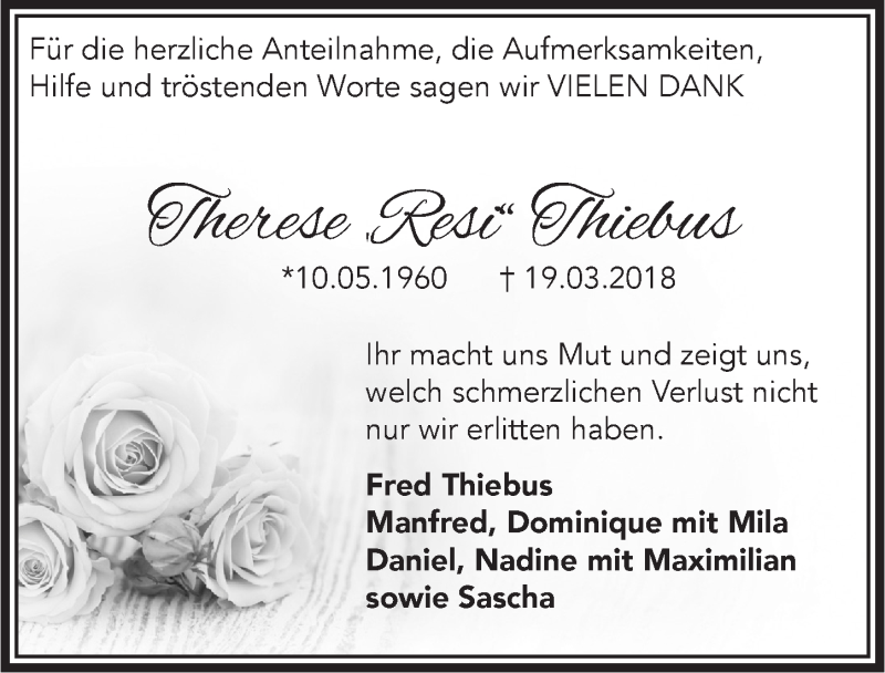  Traueranzeige für Therese Thiebus vom 04.04.2018 aus  Extra Blatt 