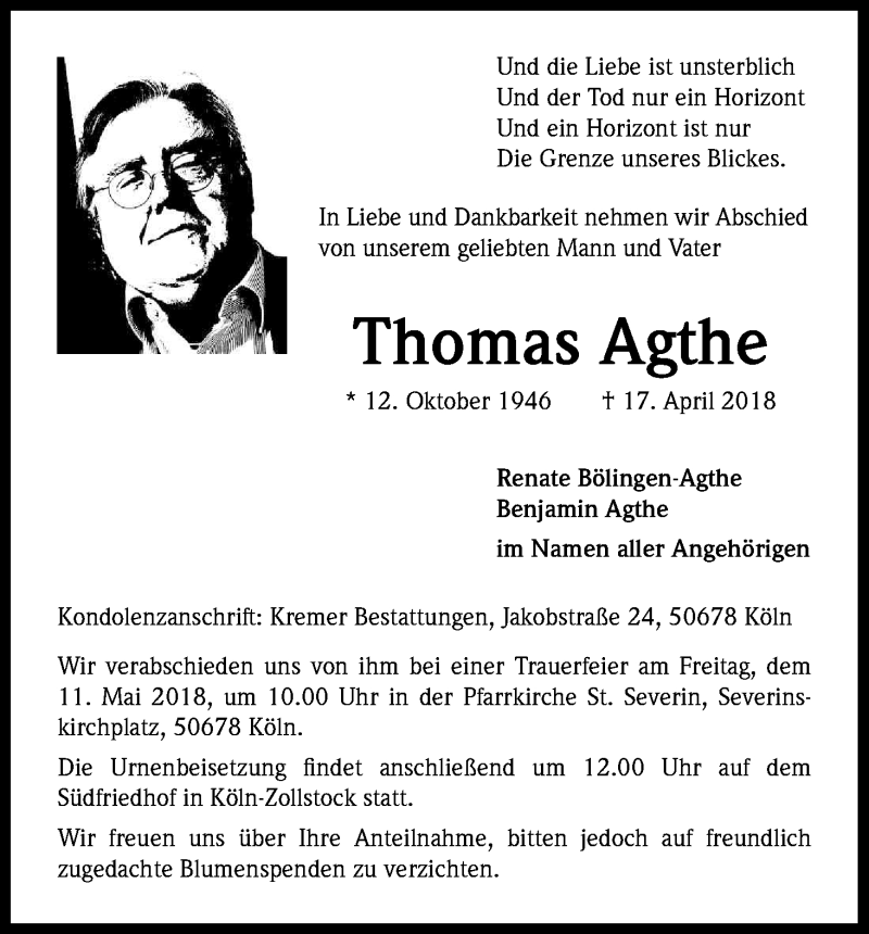  Traueranzeige für Thomas Agthe vom 28.04.2018 aus Kölner Stadt-Anzeiger / Kölnische Rundschau / Express